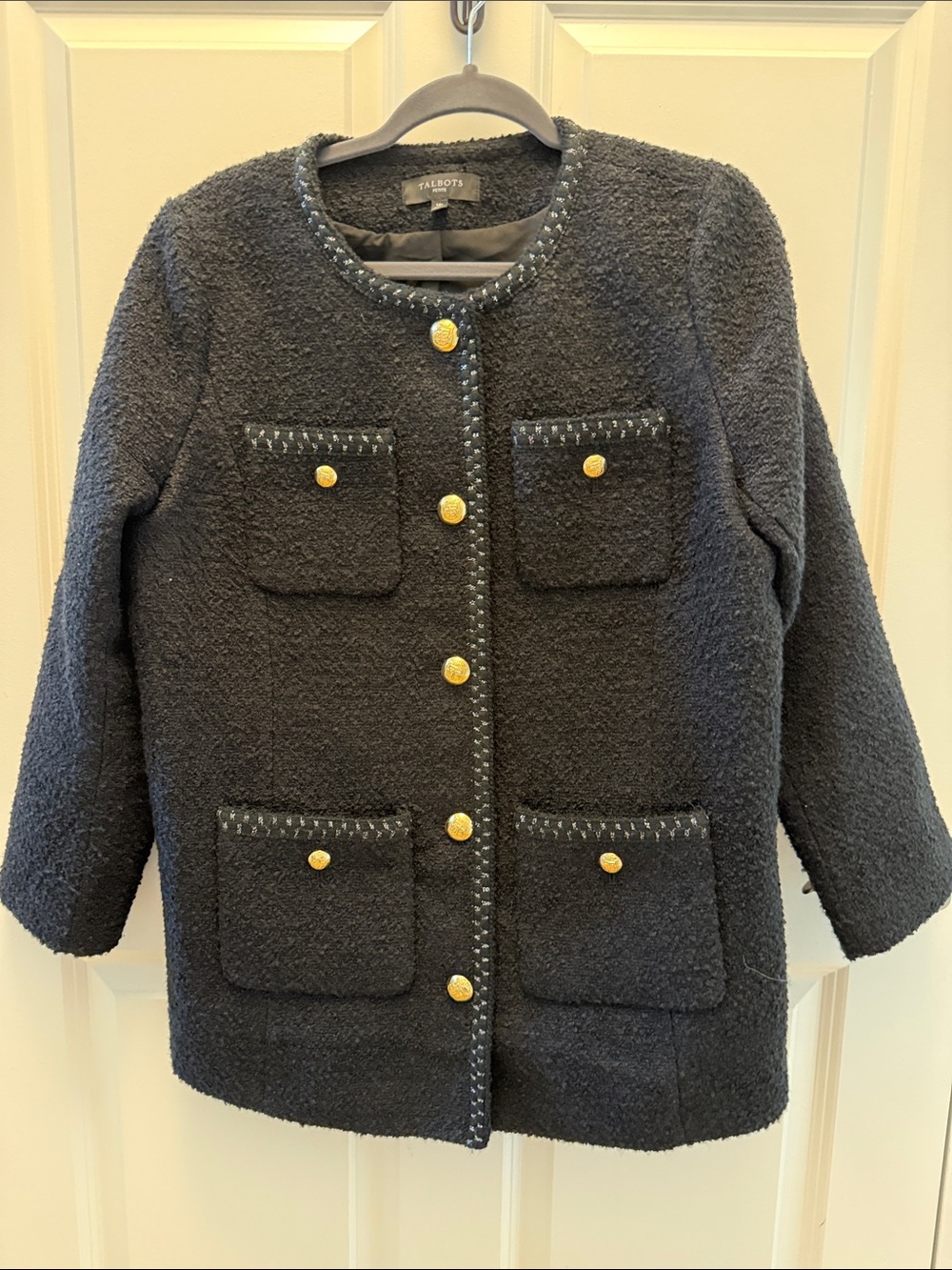 Talbots Black Bouclé Girl's Coat with Gold Buttons